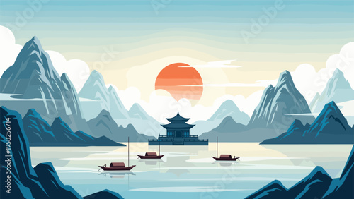 Majestic traditional pagoda sits on a calm lake surrounded by high mountains under the warm glow of a large orange sun at dusk.