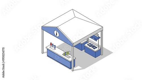 Detailed isometric illustration shows an empty blue and white commercial exhibition booth or information kiosk with a service counter.