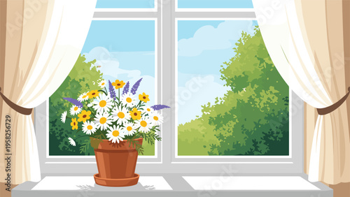 Charming flower pot filled with daisies and lavender sits on a white windowsill looking out at a lush green park on a sunny day.
