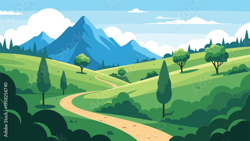 Picturesque landscape features a narrow winding road through green rolling hills leading towards a tall blue mountain peak.