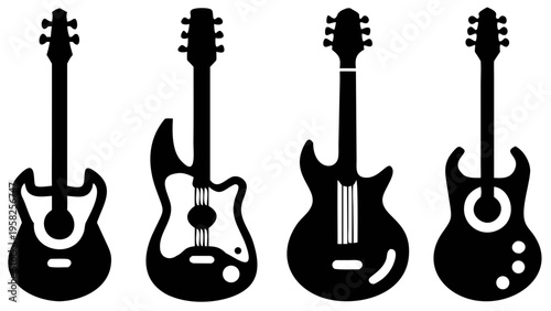 Four different electric guitars in black silhouette