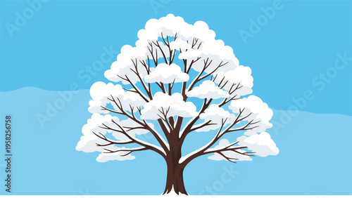 Large deciduous tree with a brown trunk is completely covered in thick white snow against a clear blue winter sky.