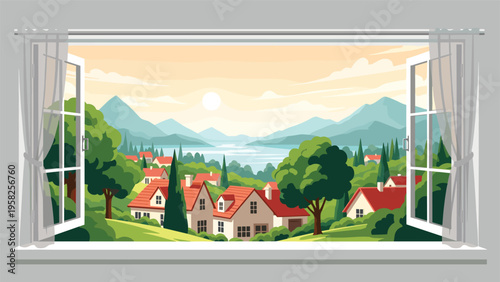 Beautiful view from an open window overlooks a peaceful village with red roofed houses nestled between a lake and green mountains.