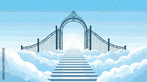 Ornate dark metal gate opens to a long white stairway that leads high into a sea of soft fluffy clouds under a clear blue sky.