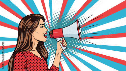Dynamic pop art illustration features a woman with long hair shouting through a megaphone against a red and blue radial background.