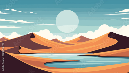 Vast desert landscape features smooth orange sand dunes and a blue oasis under a large bright sun with scattered white clouds.