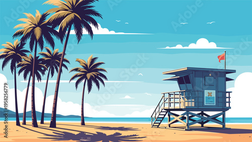 Modern blue lifeguard tower stands on a sunny sandy beach with tall palm trees and a clear blue ocean in the background.