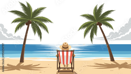 Relaxed person in a hat sits in a striped beach chair on a sunny shore looking out at the calm blue sea with palm trees.