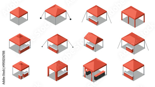 Set of twelve red pop up canopy tents and promotional gazebos is shown from various angles and with different furniture arrangements.