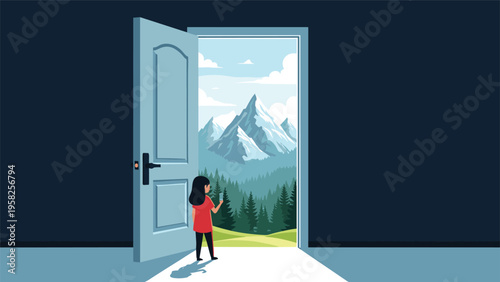Young girl in a red shirt stands in an open doorway and looks out at a breathtaking landscape of green forests and snowy mountains.