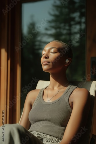 Young Black woman with shaved head and headphones sitting on lounge chair outside, eyes closed