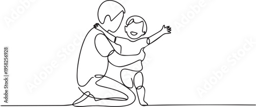 “Happy parent lifting baby – minimalist line art illustration of family love and bonding”