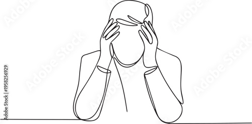 Woman covering face with hands stress anxiety problem minimal line art illustration