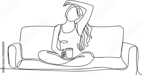 Relaxed woman sitting on couch with coffee minimal one line art lifestyle illustration