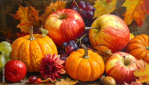 Autumn Harvest Still Life with Pumpkins, Apples, and Grapes.