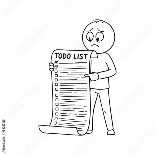 Vector cartoon illustration of overwhelmed stressed stick figure man holding and looking at long to-do list
