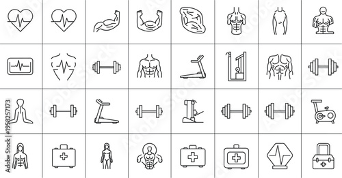 Fitness and healthcare line icon set featuring gym equipment body anatomy medical symbols workout training elements in outline vector style