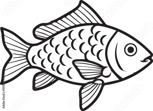 Black and white line art fish icon isolated on white background