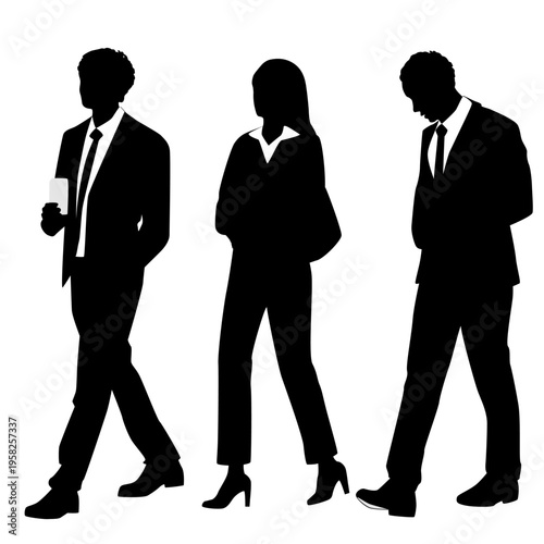 Two men and a woman, vector silhouettes, group of walking business people with gadgets, profile, black and white color, isolated on white background