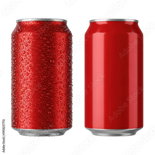 Two red sparkling beverage cans with glittery reflective surfaces isolated on transparent background
