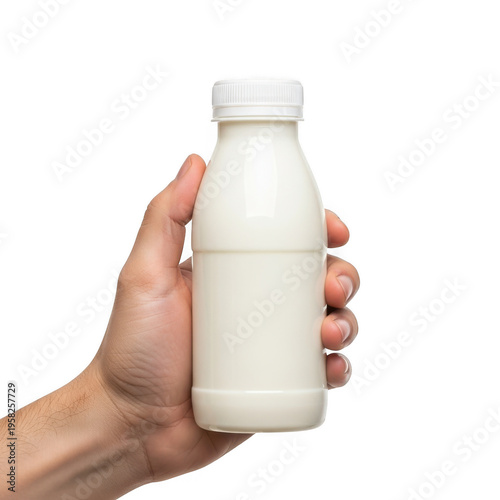 A person holding a small glass bottle filled with white liquid isolated on transparent background