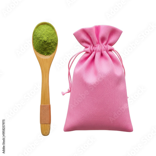 Handmade wooden spoon with a small pink drawstring bag of herbs isolated on transparent background