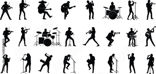Musicians silhouettes playing instruments singing live performance concert art flat vector