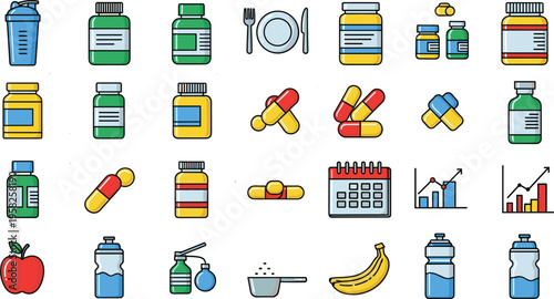 Healthcare nutrition and medicine icon set including pills vitamins bottles diet food chart vector illustration colored isolated design collection