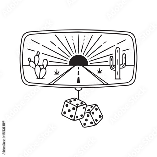 Hand drawn line art illustration of a car rearview mirror reflecting a desert road trip landscape with sunset, cacti, and hanging fuzzy dice
