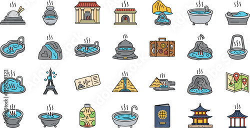 Hot spring and onsen travel icon set featuring geothermal pools landmarks culture tourism and relaxation elements flat vector