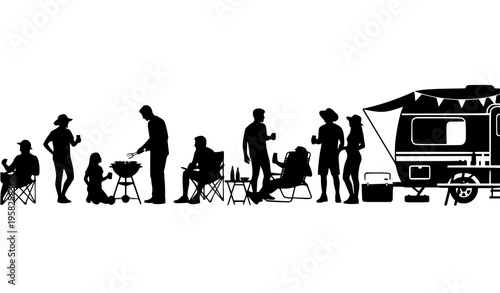 Vertical summer BBQ party silhouette poster with friends grilling and camping trailer event design isolated on white background vector