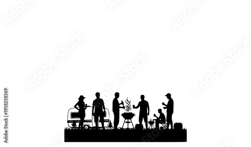 Panoramic outdoor BBQ party silhouette with friends grilling and camping trailer summer vacation scene isolated on white background vector