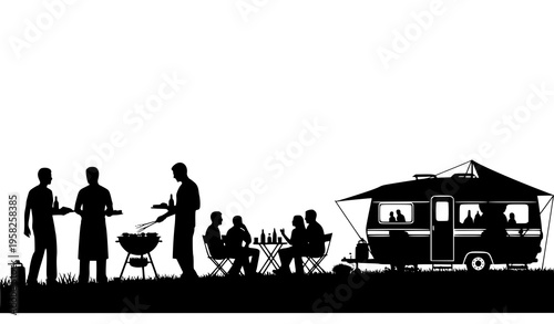 Layered outdoor barbecue party silhouette scene with friends grilling and camper trailer summer lifestyle vector isolated on white background