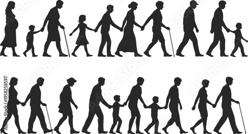Human life cycle silhouettes family growth aging generational stages flat vector