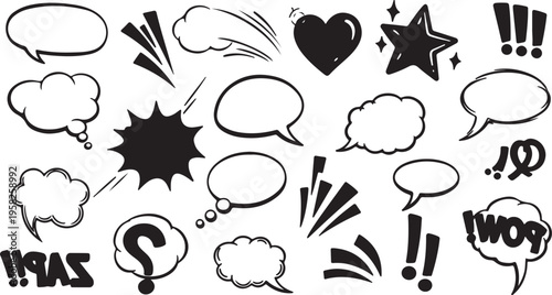 Black Hand Drawn Comic Speech Bubble and Thought Cloud Silhouette Set