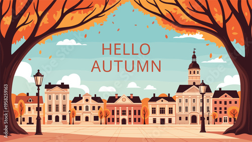 Charming European town square in autumn with historic buildings, orange trees, and a hello autumn greeting in a pixel art style.