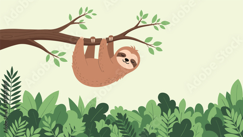 Cute brown sloth hanging from a tree branch with green leaves smiling against a light green background with foliage at the bottom.