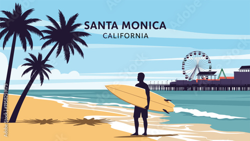 Silhouette of a surfer holding a surfboard on Santa Monica beach with the iconic pier and Ferris wheel in the background.