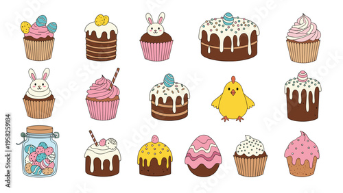 Large assortment of Easter themed desserts including cupcakes, cakes, and a jar of colorful eggs decorated with bunnies and chicks.