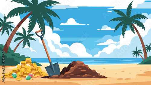 Tropical beach treasure hunt scene with a pile of gold coins and gems next to a shovel and a hole in the sand under palm trees.