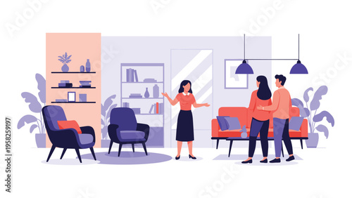 Real estate agent showing a modern purple-themed living room to a couple in a stylish and clean flat design vector illustration.