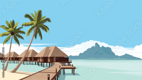Luxury tropical resort featuring water bungalows connected by a wooden walkway over turquoise ocean water with a mountain backdrop.