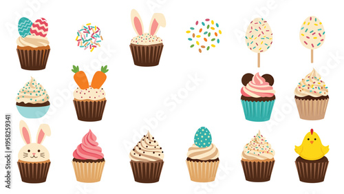 Collection of various Easter themed cupcakes and cake pops decorated with bunnies, carrots, eggs, and colorful sprinkles on a white background.