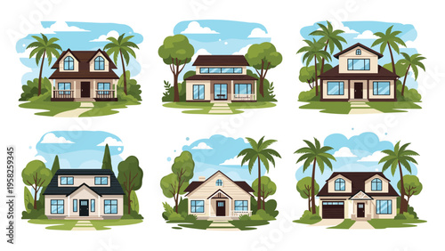 Set of six different modern suburban houses with varying architectural styles surrounded by green lawns, trees, and tropical palm trees.