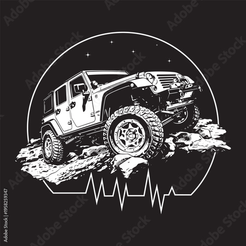 Off Road 4x4 Adventure on Rocky Terrain Vector Illustration