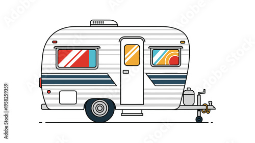 Retro style white camper trailer with horizontal stripes and colorful windows parked on a clean white surface in a flat design illustration.