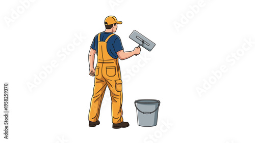 Worker wearing a yellow uniform and cap applying plaster to a wall with a trowel while standing next to a grey bucket on a white background.