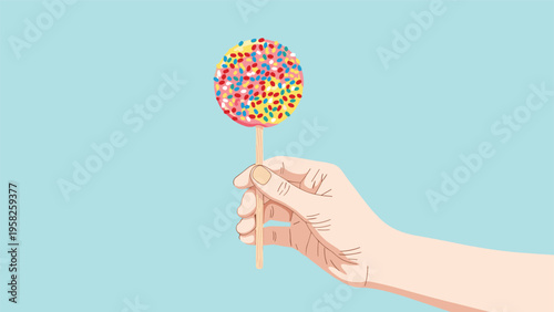 Human hand holding a round cake pop decorated with a multitude of colorful sprinkles against a solid light blue background.