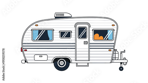 Classic white travel trailer with horizontal blue stripes and several windows showing interior details on a plain white background.