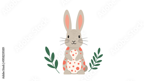 Cute grey bunny character with orange spots on its fur standing between two green leafy branches on a white background.